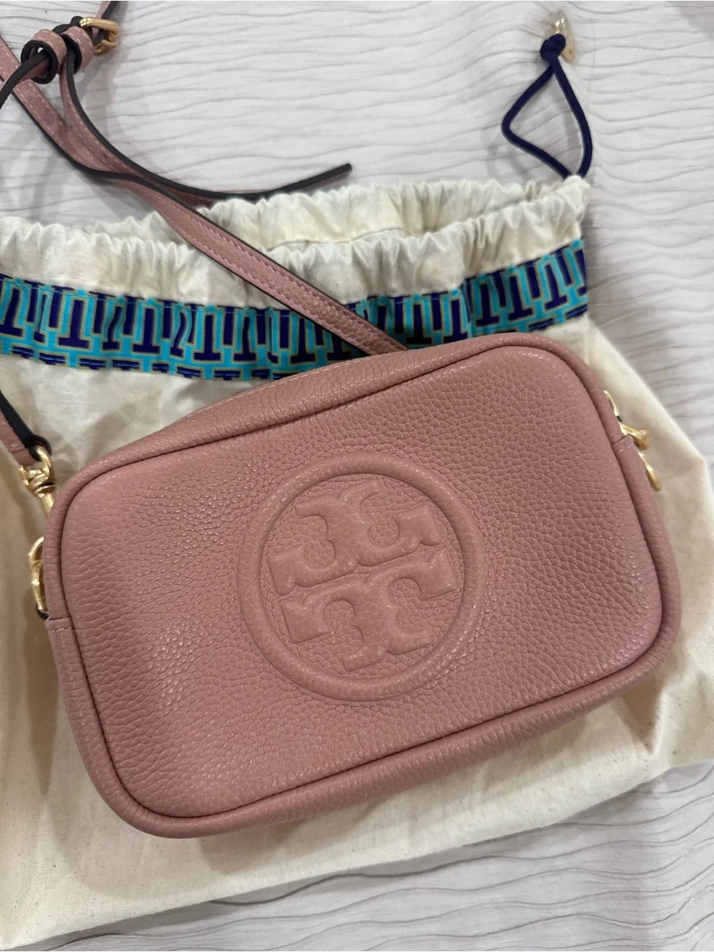 Tory Burch Blush Pink Pebbled Leather Crossbody Camera Bag